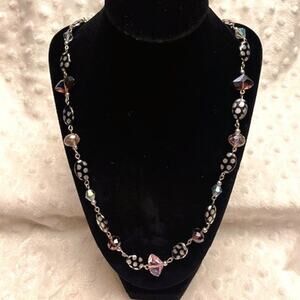 Vintage Silver Dot Stone, Pink Glass, & Iridescent Swarovski Crystal Necklace